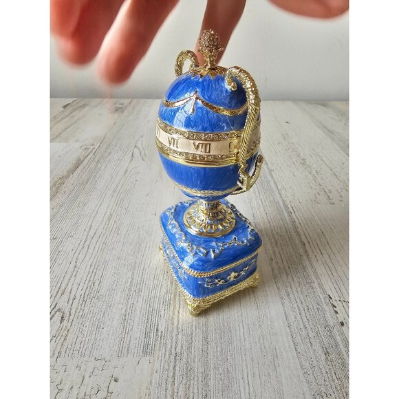 Toscano Katyas Blue trophy egg trinket box hinge jewelry gold rhinestone new - Picture 2 of 8